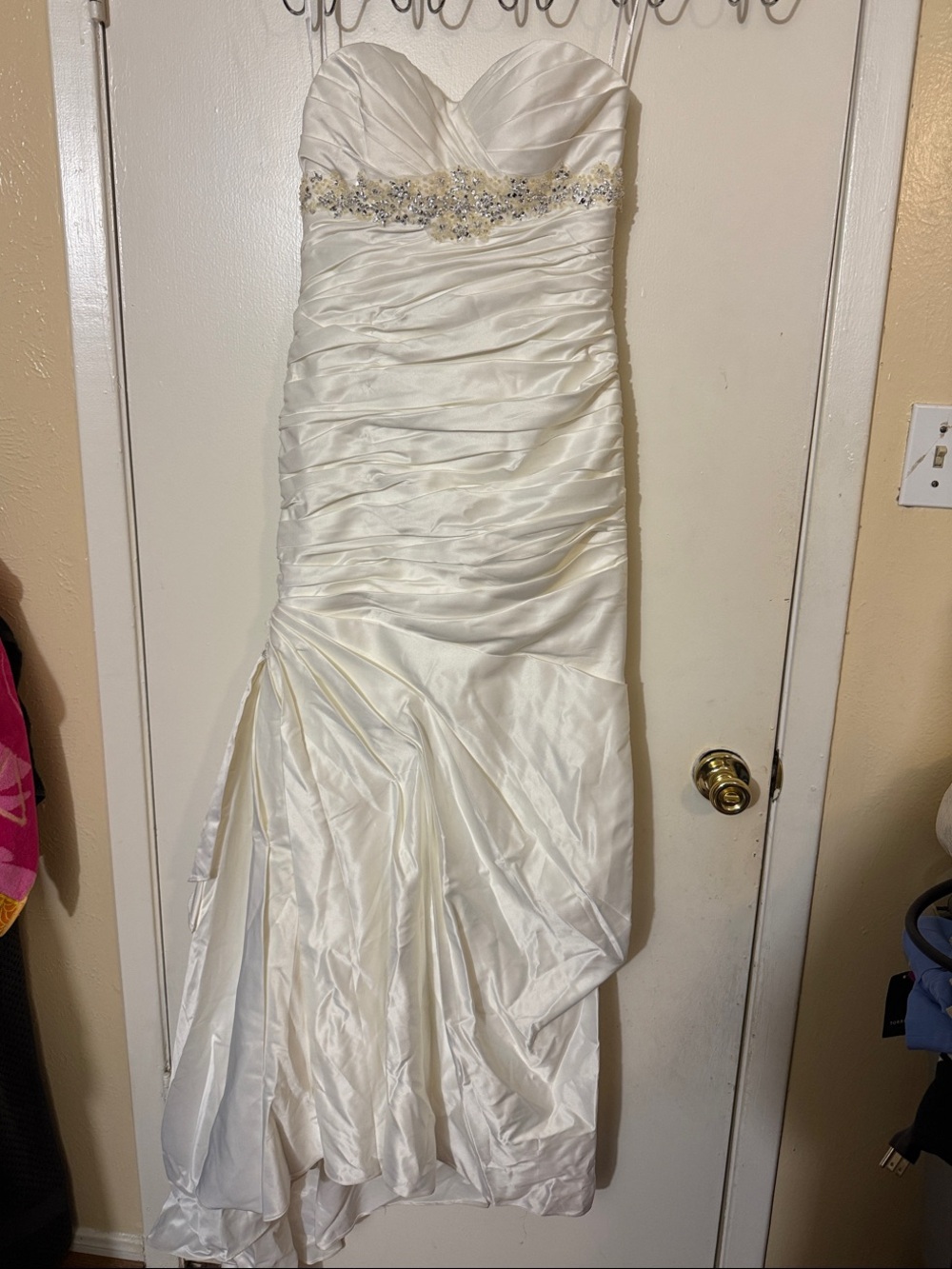 Ivory Strapless Satin Ruched Wedding Gown with Beaded Waist